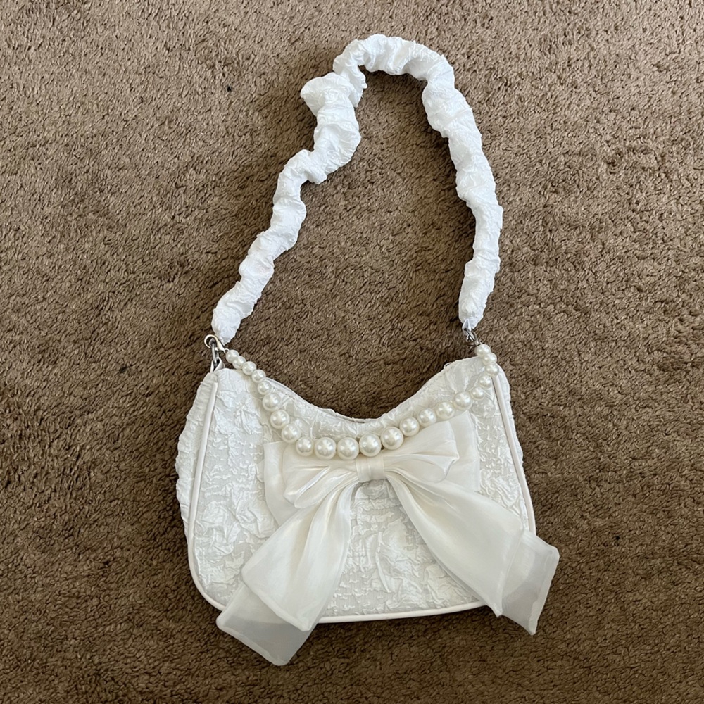 Jacquard Bow & Faux Pearl Decor Baguette Bag